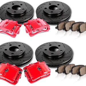 CCK01950 FRONT + REAR Powder Coated Red [4] Calipers + [4] Zinc Plated DS Rotors + Low Dust [8] Ceramic Pads