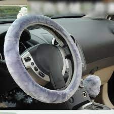 TKOOFN 3Pcs Warm Soft Plush Wool Steering Wheel Cover Furry Fluffy Car Accessory Set Gray